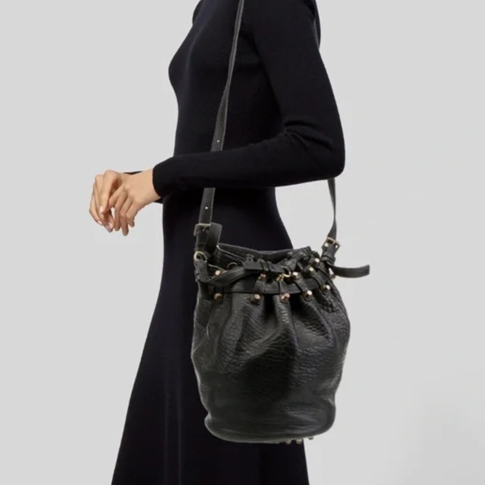 ALEXANDER WANG Black Pebbled Leather Rocco Diego Studded Bucket Shoulder Bag